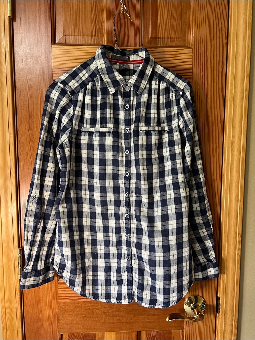 Sandra Women’s Navy and White Plaid Button-Down Shirt